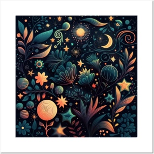 7. Celestial Bohemian Flowers Aesthetic Design Stars Moon Floral Cosmic Pattern Posters and Art